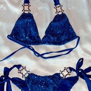 Navy blue sequence Beach Bunny bikini with jeweled attachments